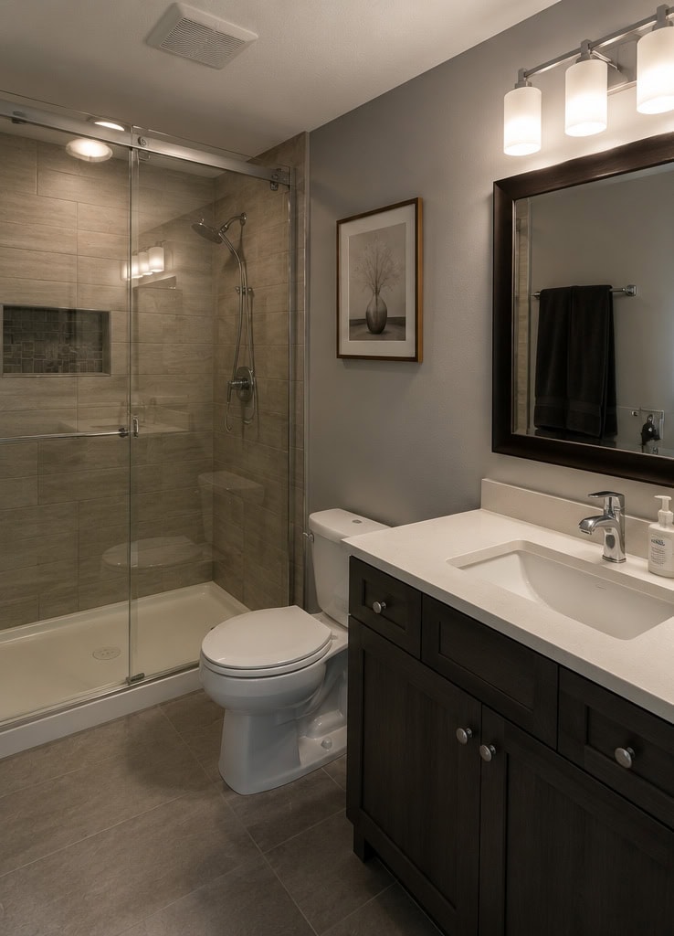 Modern bathroom renovation with walk-in shower in Winnipeg