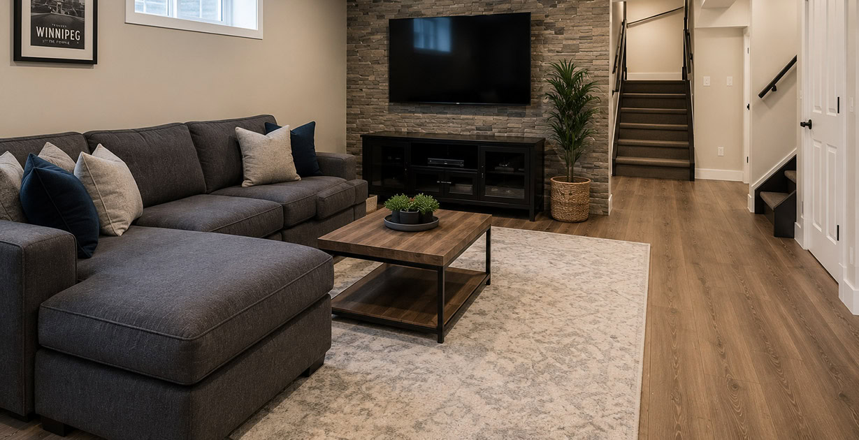 Modern finished basement with family room, recessed lighting and luxury vinyl plank flooring