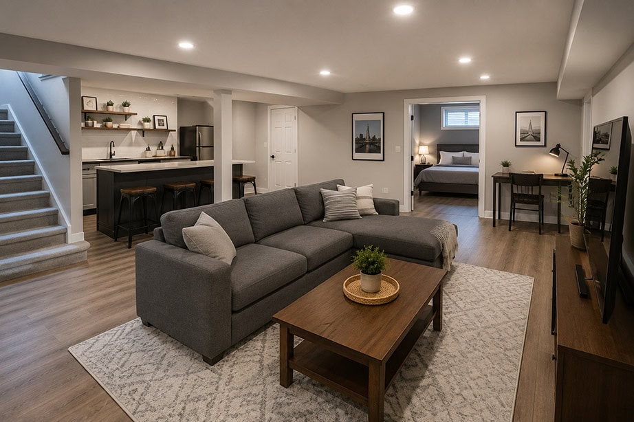 Modern basement renovation in Winnipeg featuring a family room, luxury vinyl plank flooring, recessed lighting, and a finished bedroom.