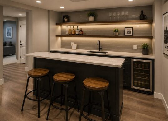 basement bar renovation with sink and fridge